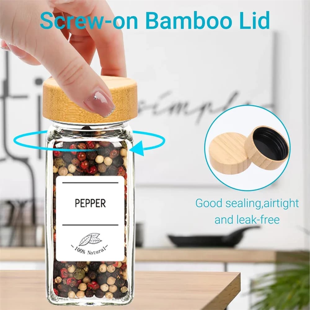 Bambu veya Metal Kapaklı Cam Baharatlık Seti - Etiketli ve Katlanabilir Hunili Baharat Kavanozları