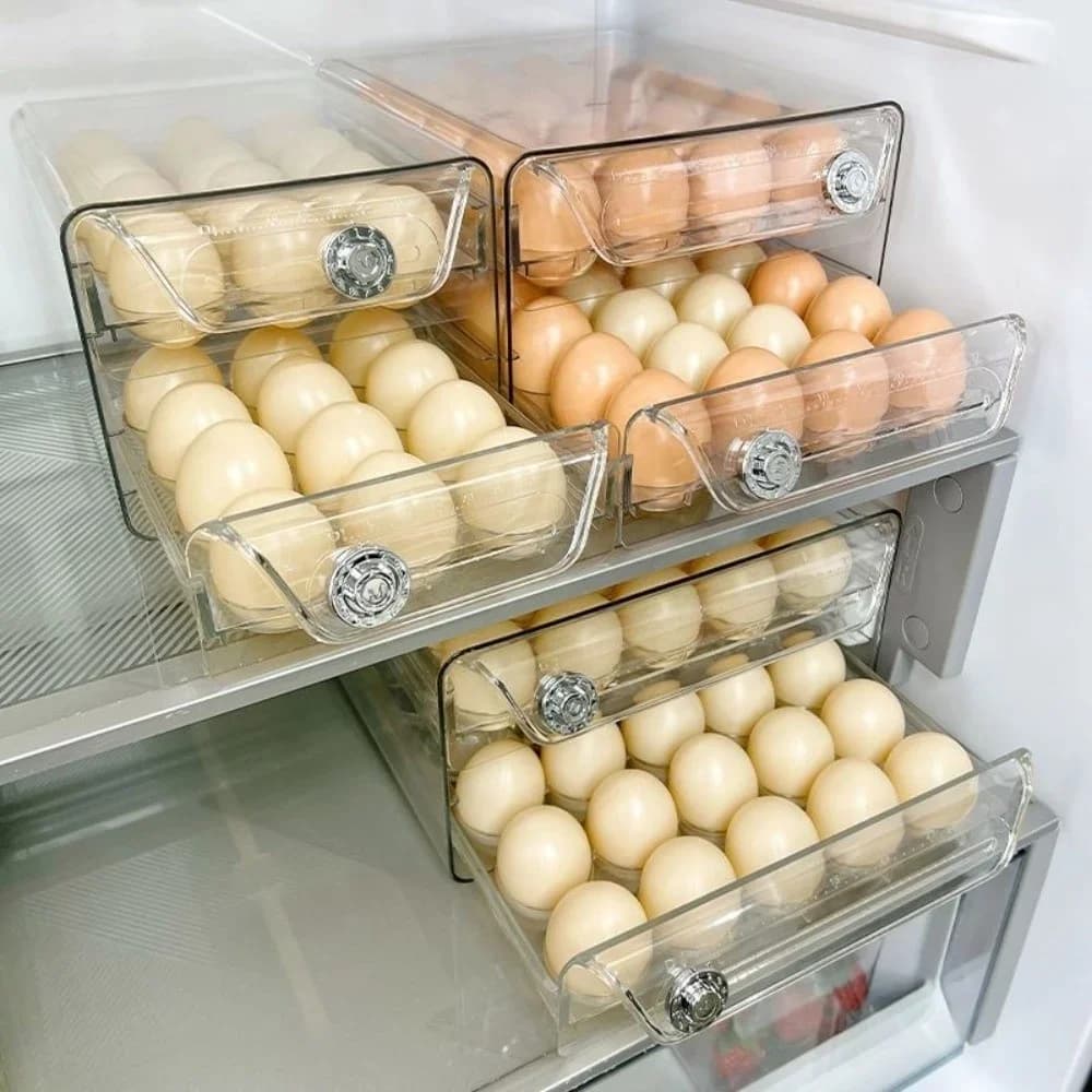 Çift Katmanlı Şeffaf Yumurta Saklama Kutusu - Zaman Göstergeli Çekmece Tipi Düzenleyici